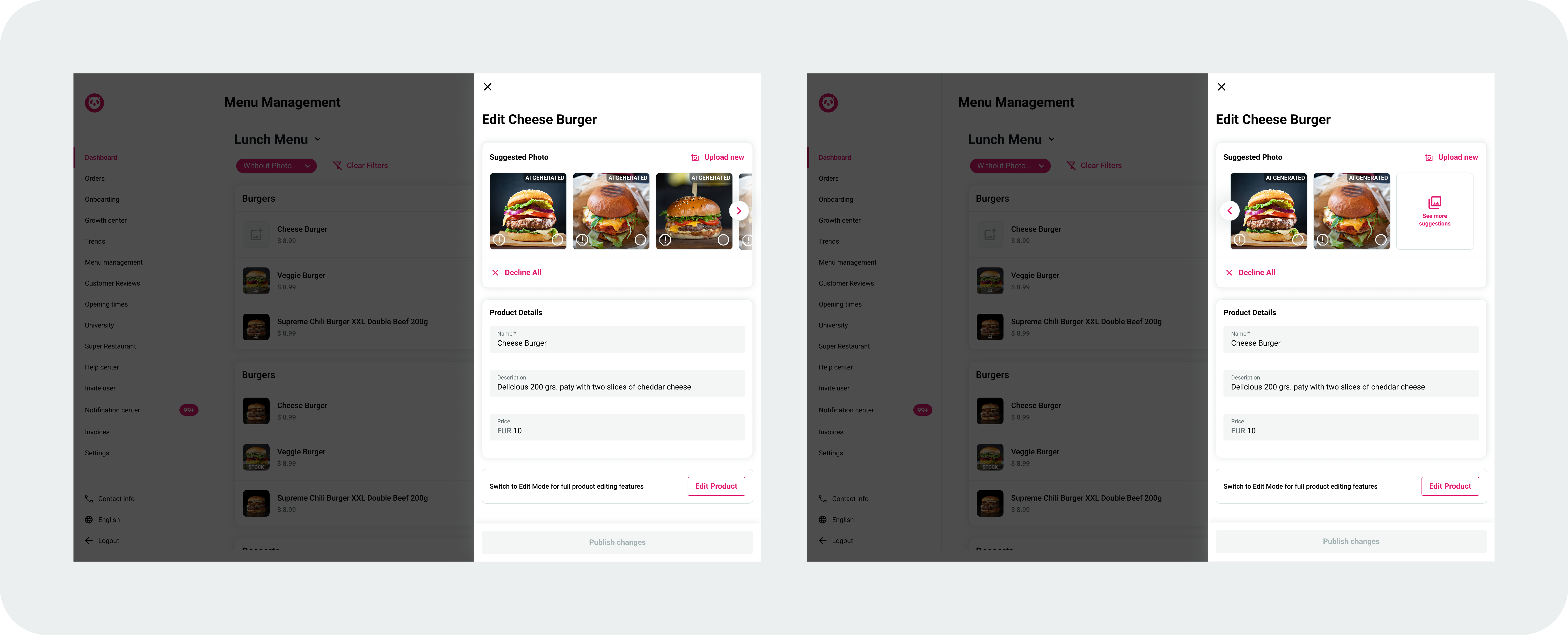 AI photo suggestion interface showing multiple AI-generated burger photos in a grid layout with selection options