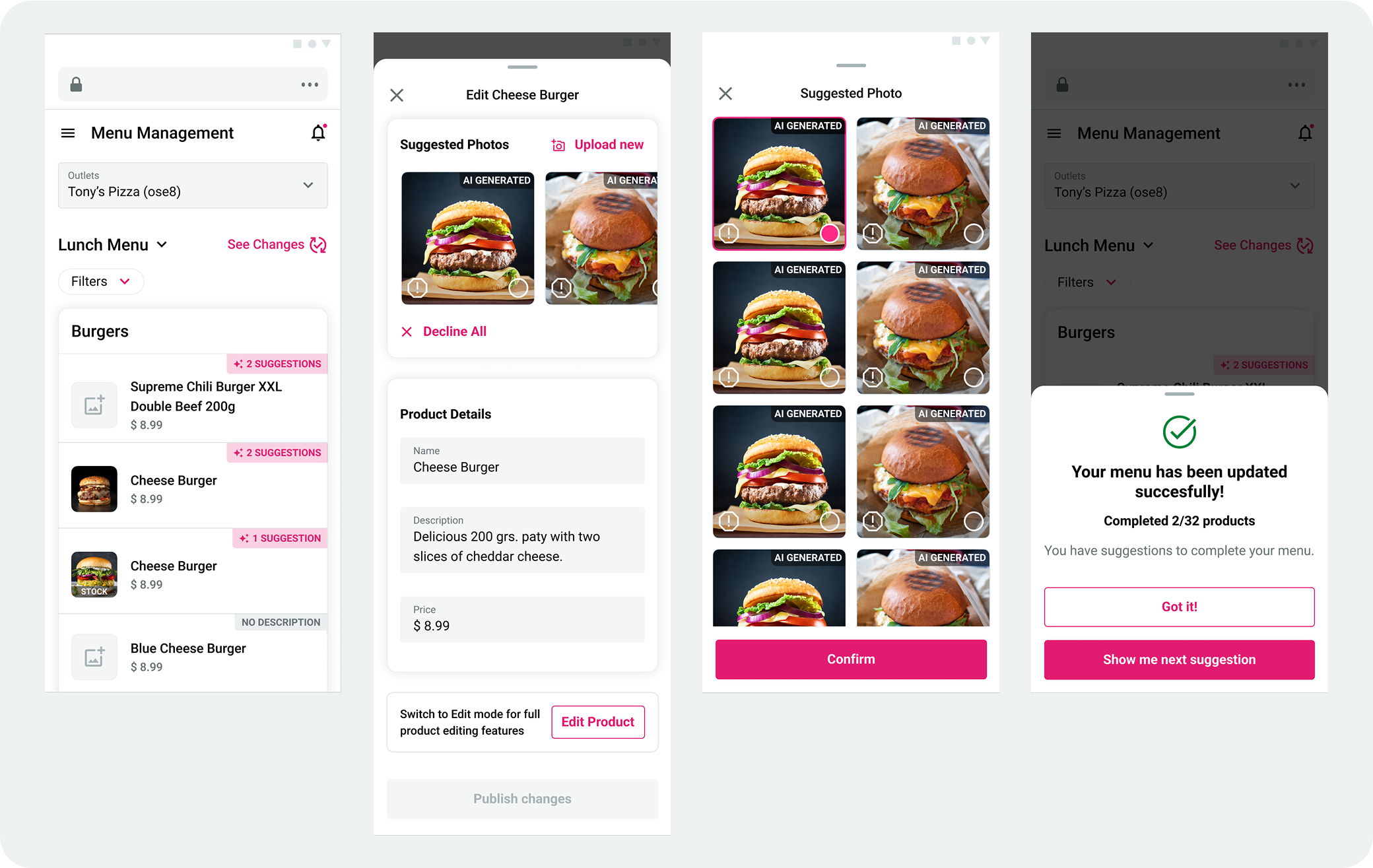 AI content suggestions interface showing AI-generated photos and menu completion features