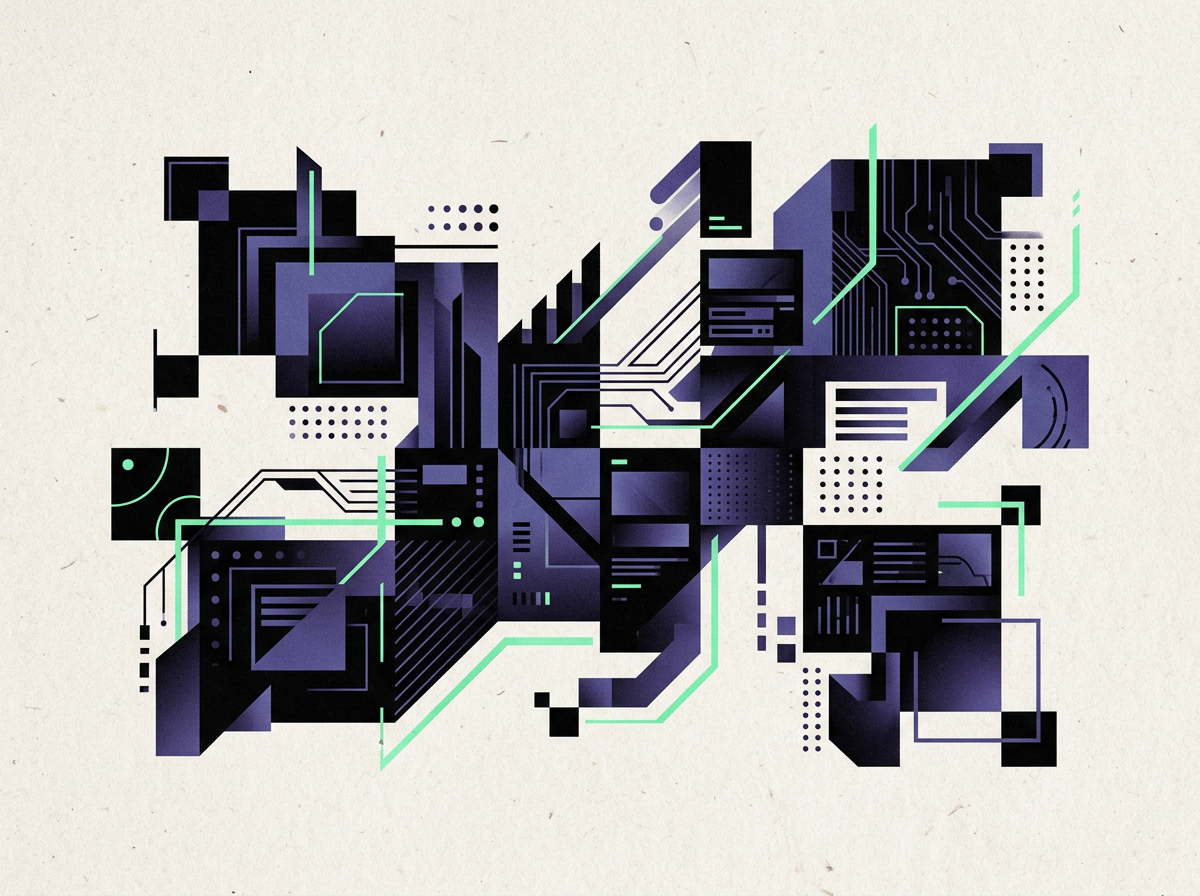 Abstract editorial composition about building a product with AI