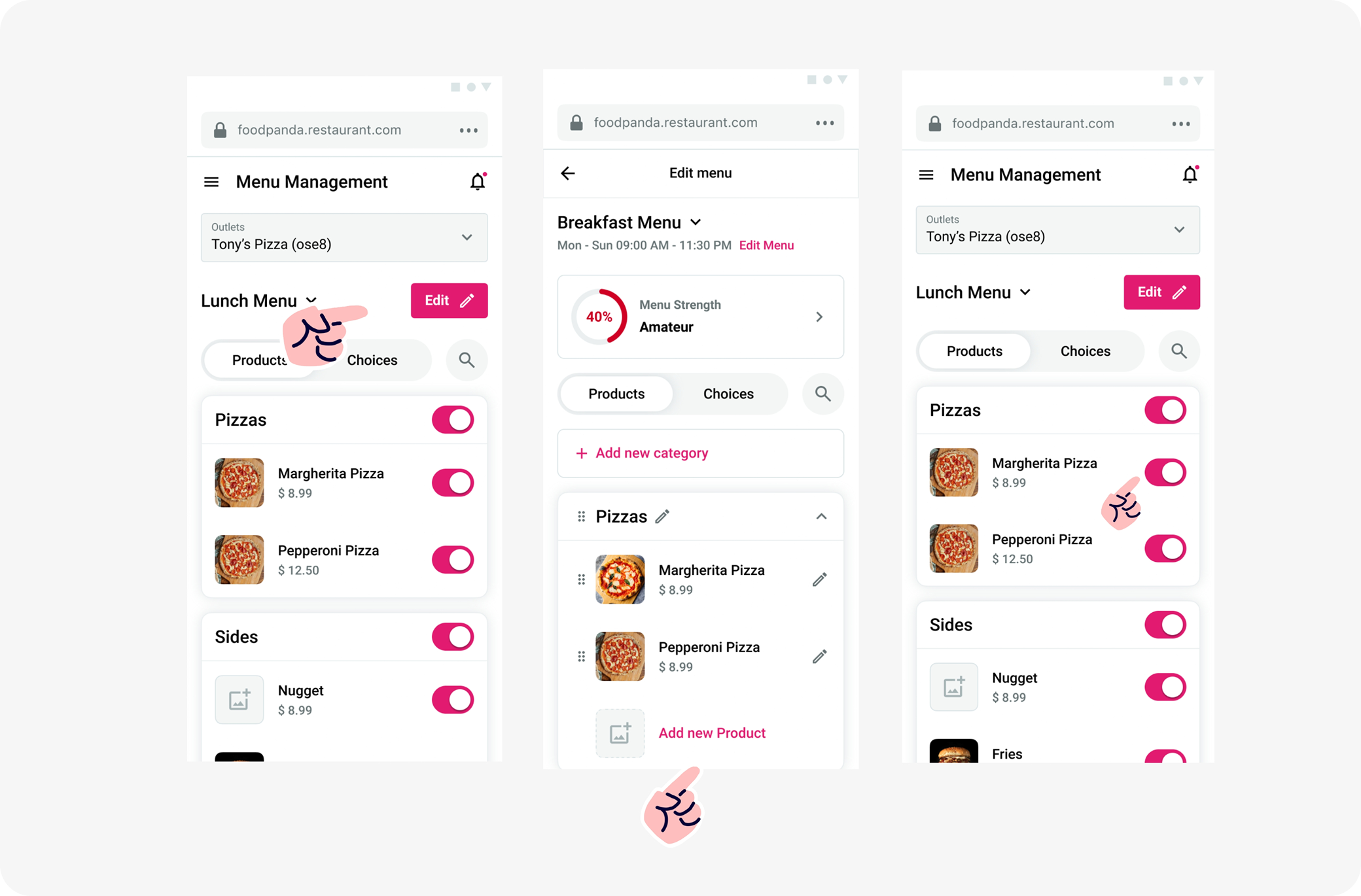 Two editing modes interface showing quick edit for toggling availability and detailed edit for full item setup across three mobile screens