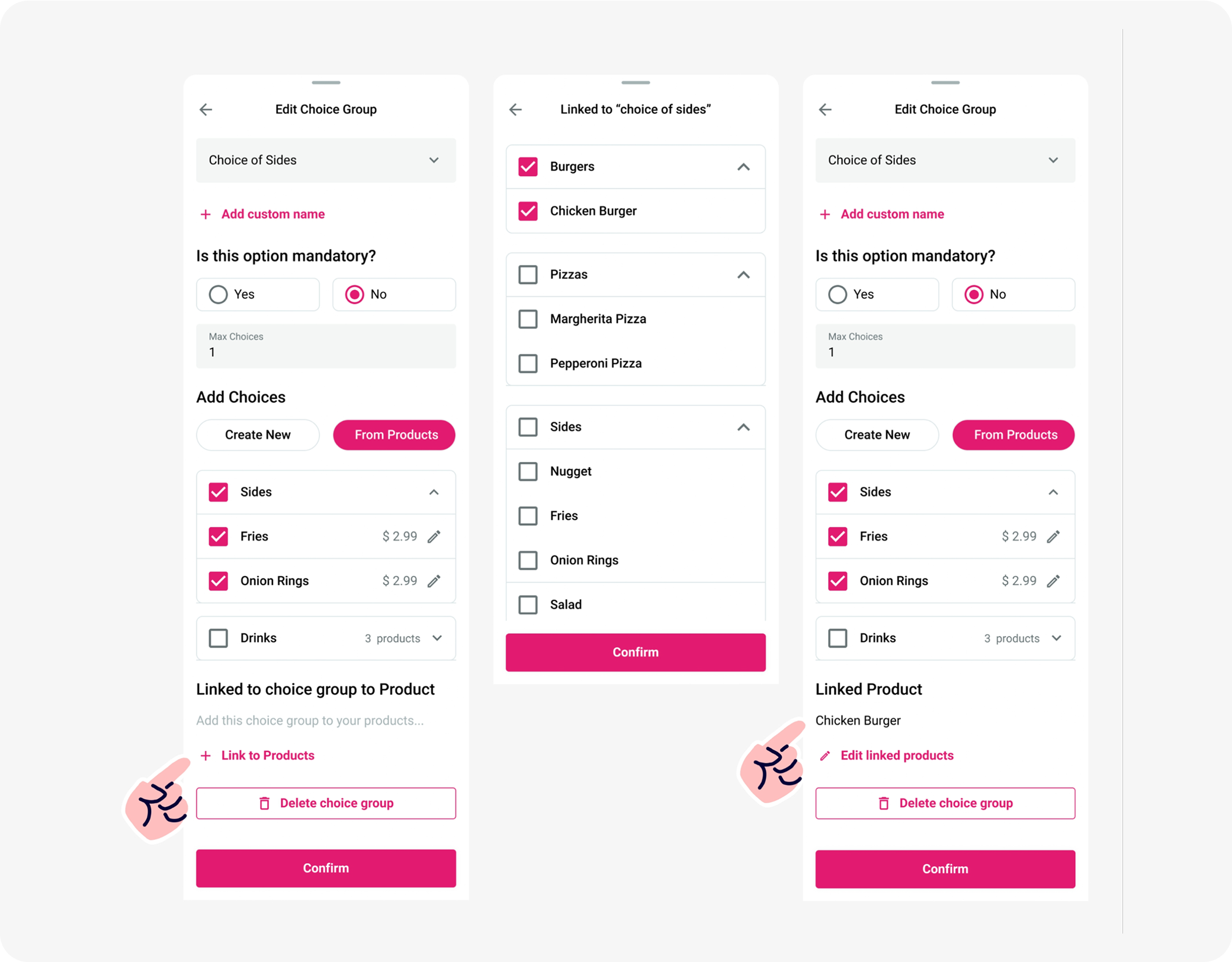 Choice groups vs variations interface showing linking and management options