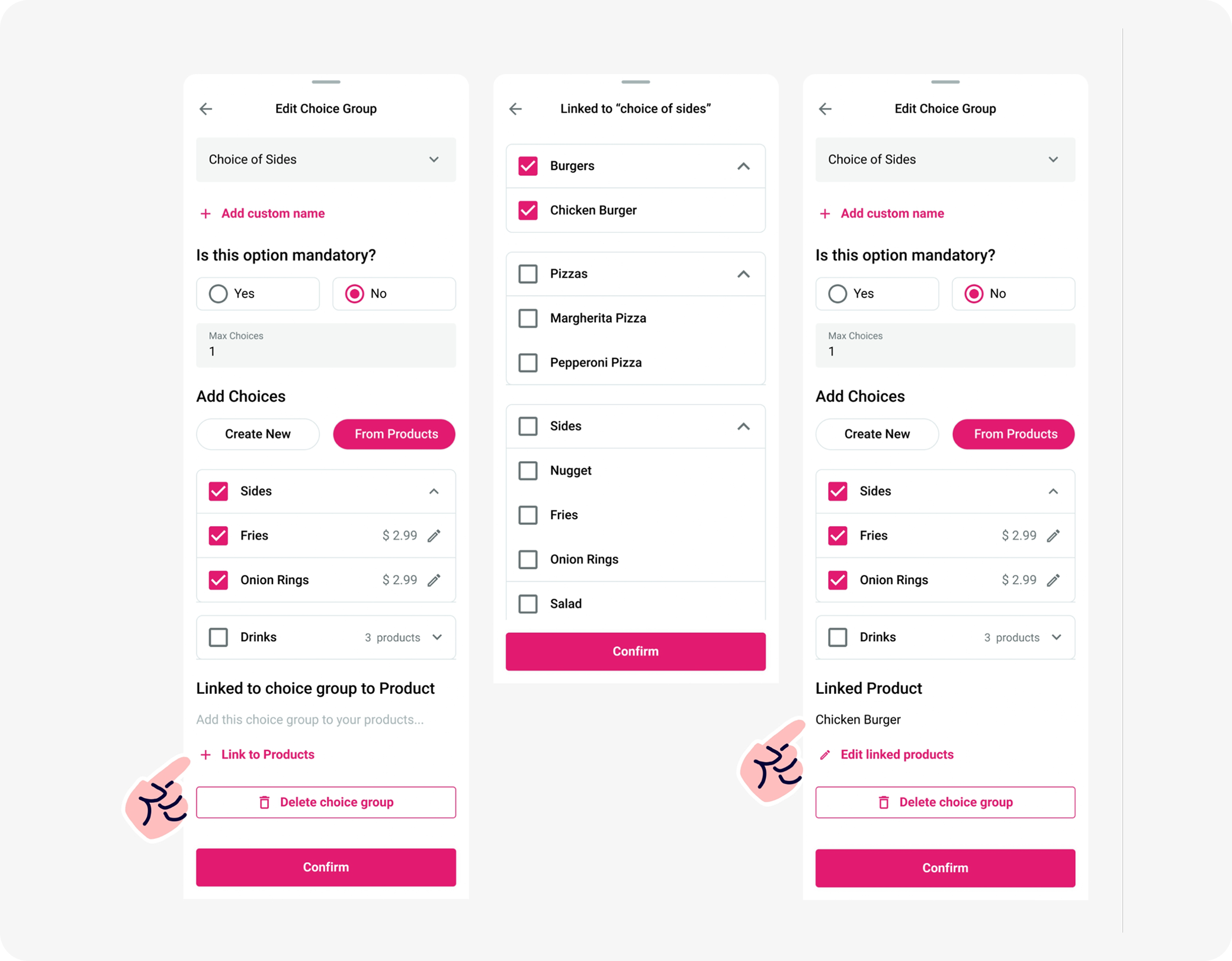 Choice groups interface for creating menu items with different sizes