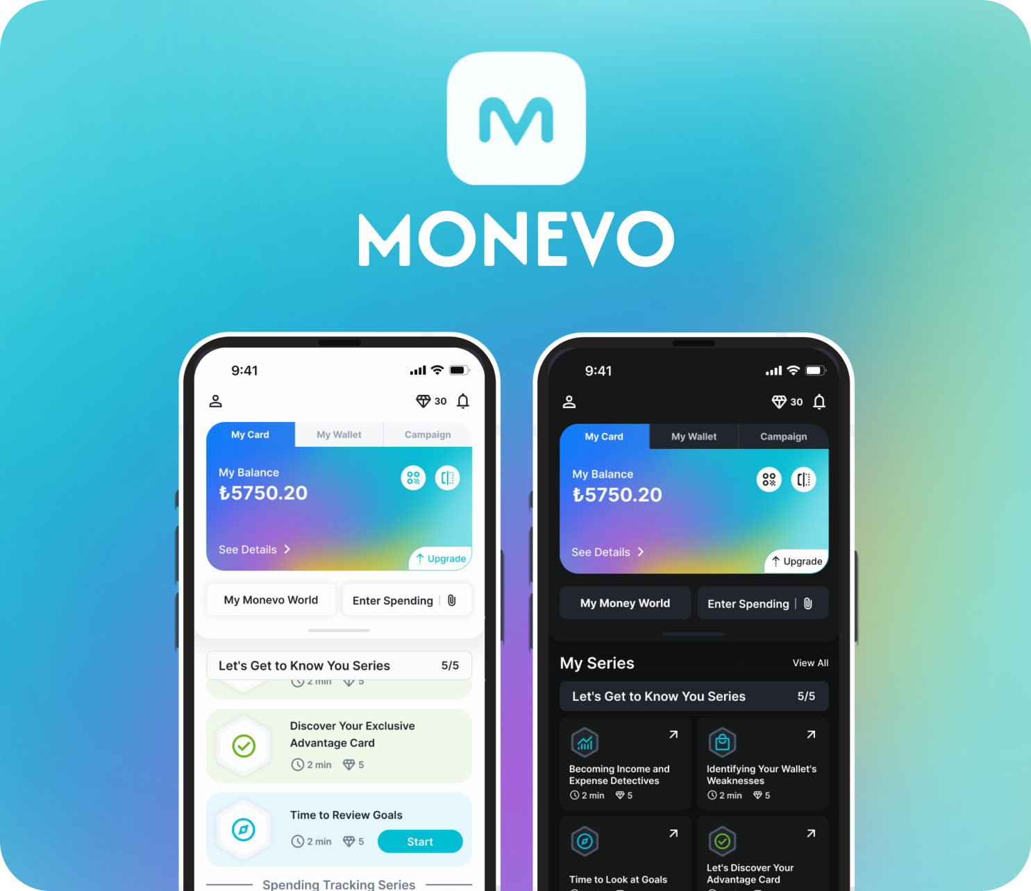 Monevo Financial Habit App - Mobile interfaces showing balance tracking and gamified financial goals