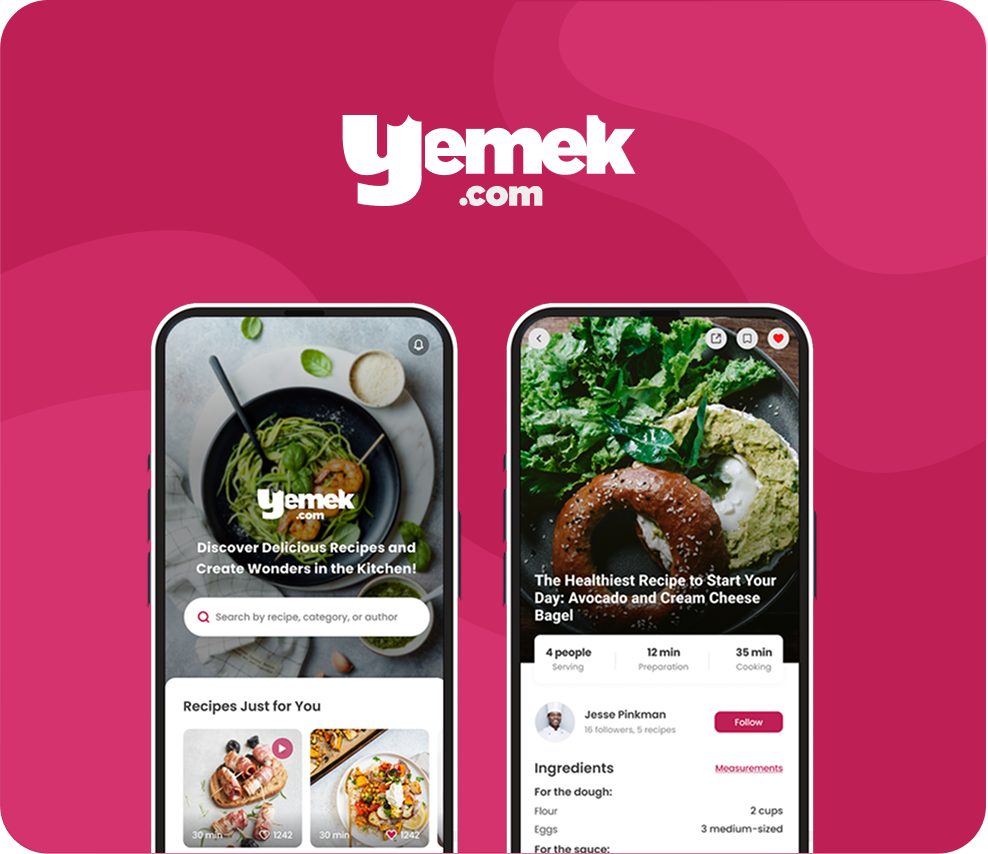 Yemek.com Recipe App - Mobile interfaces showing recipe discovery and detailed recipe views